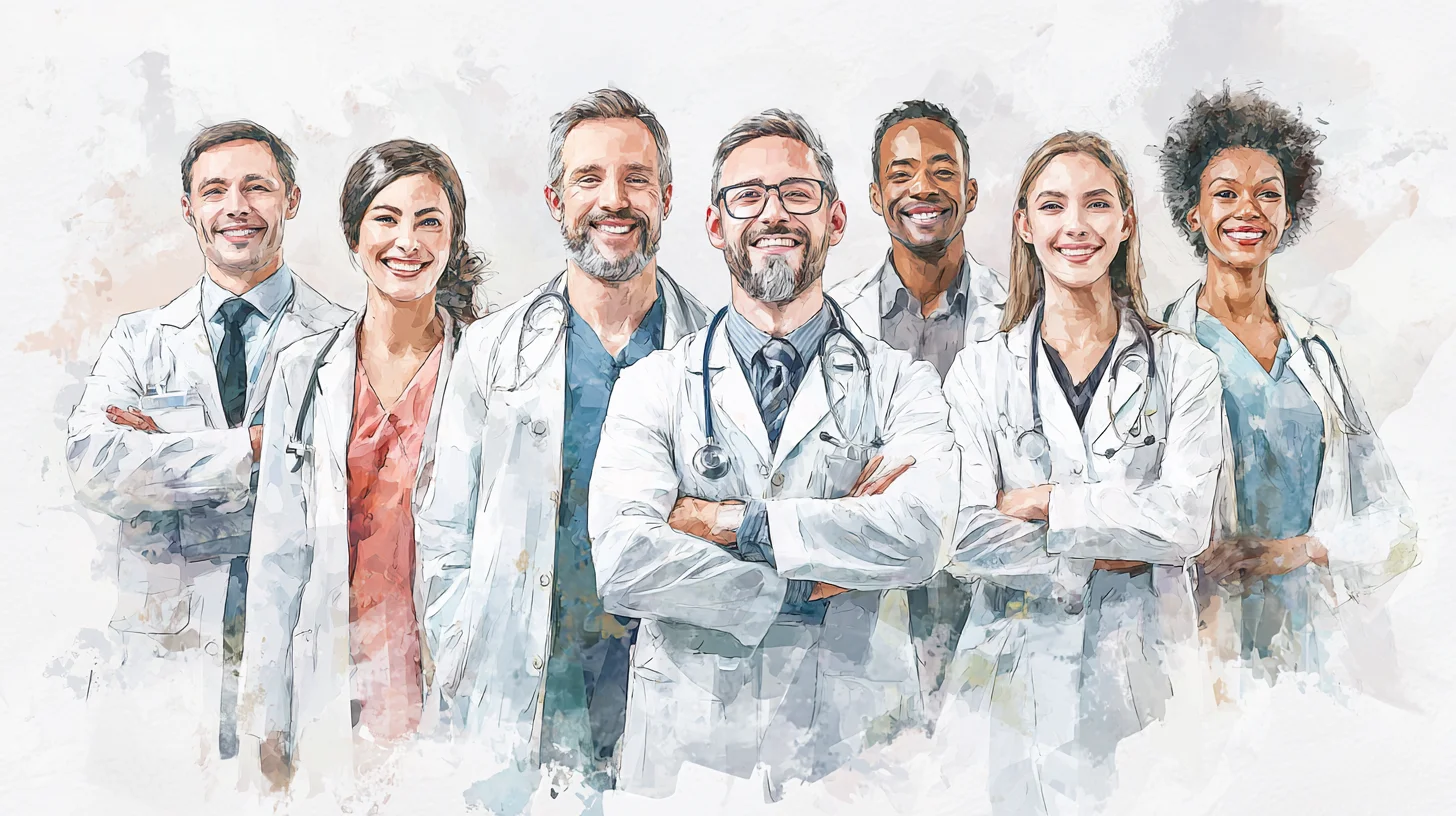 Illustrated team of hospital and clinic doctors in white lab coats with stethoscopes — medical linen laundry service in Cypress, CA