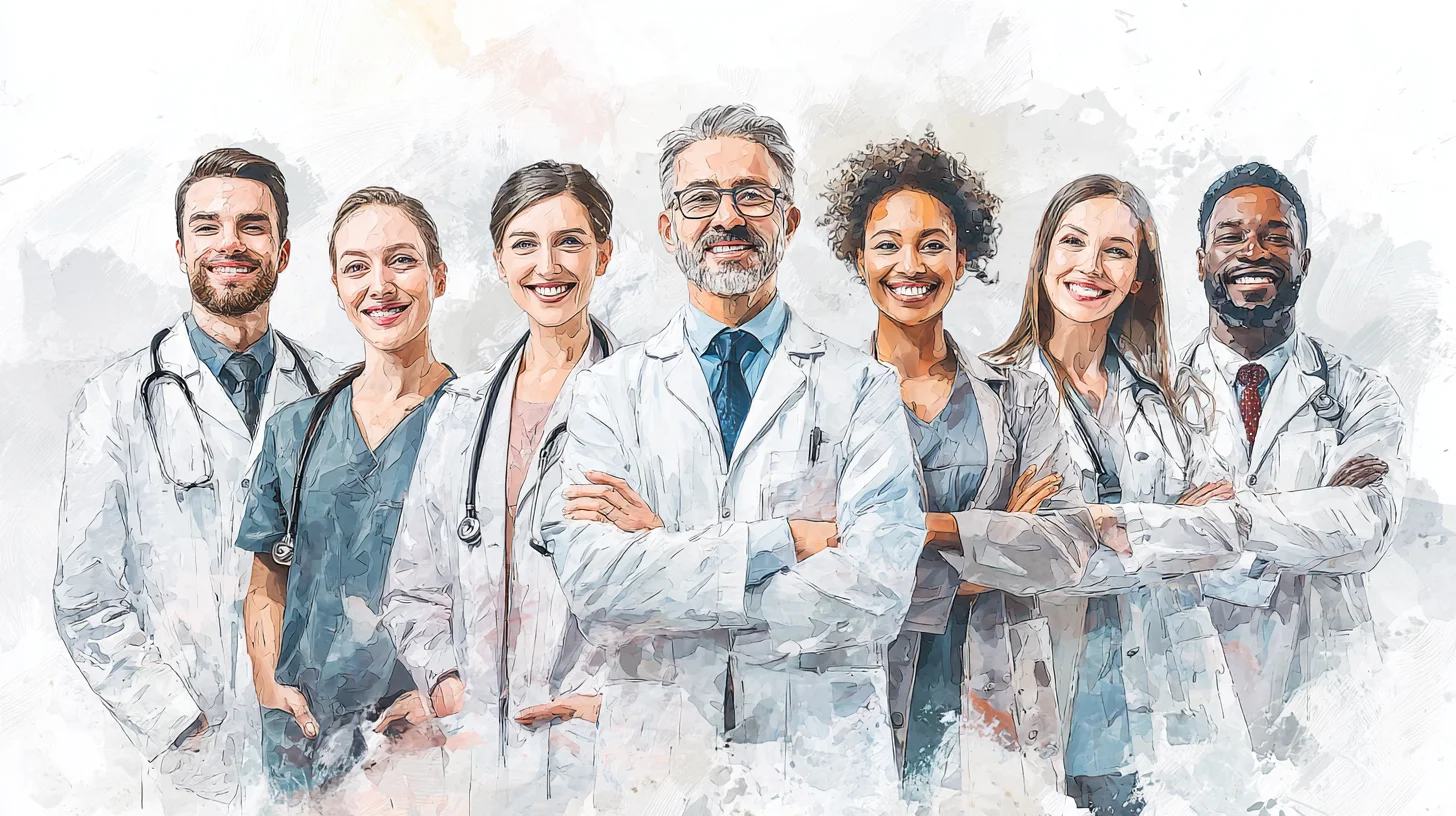 Illustrated team of physicians and medical office staff in white lab coats — medical linen laundry service in Orange, CA
