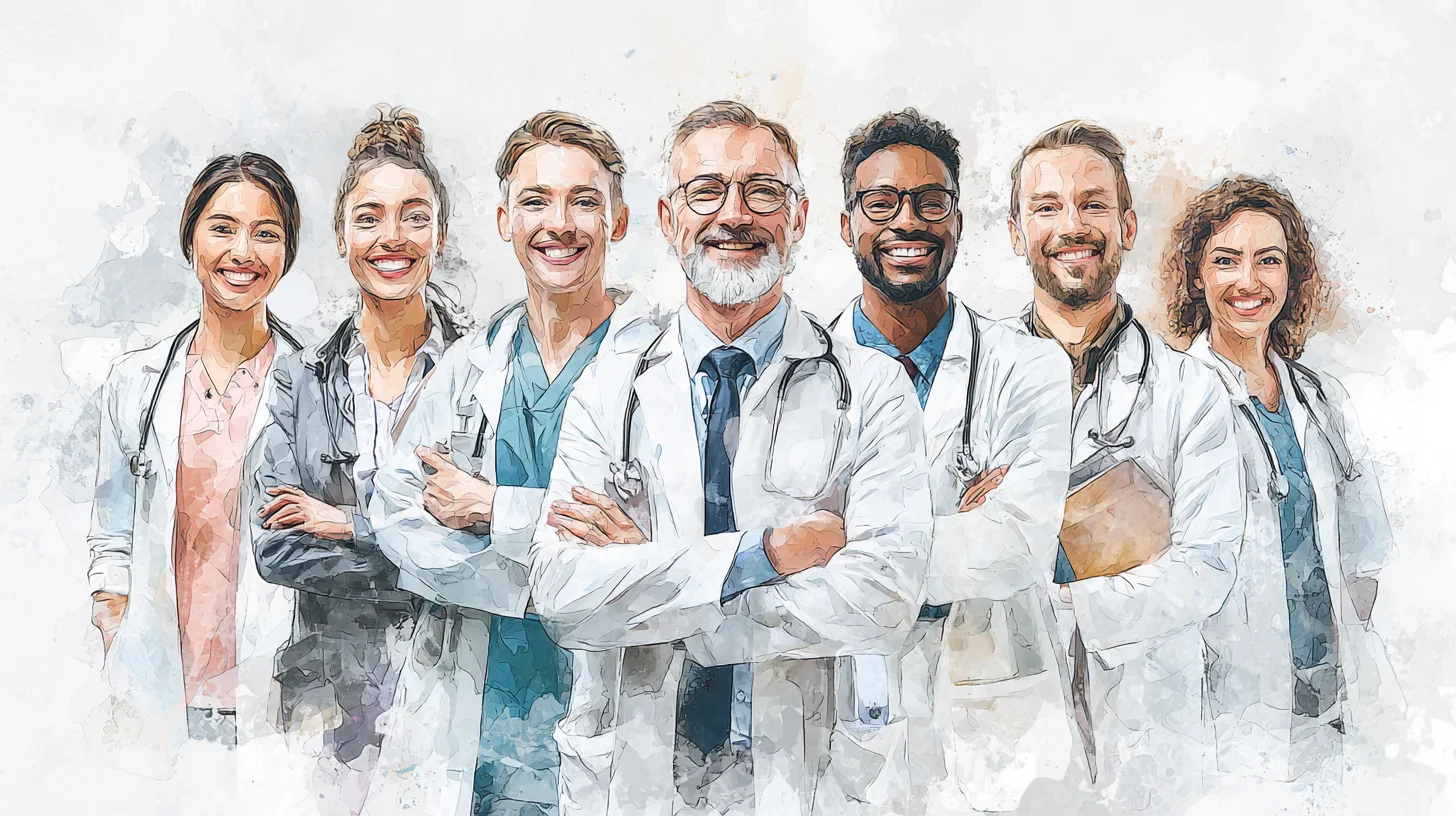 Illustrated team of medical and dental office staff in white lab coats — medical linen laundry service in El Segundo, CA