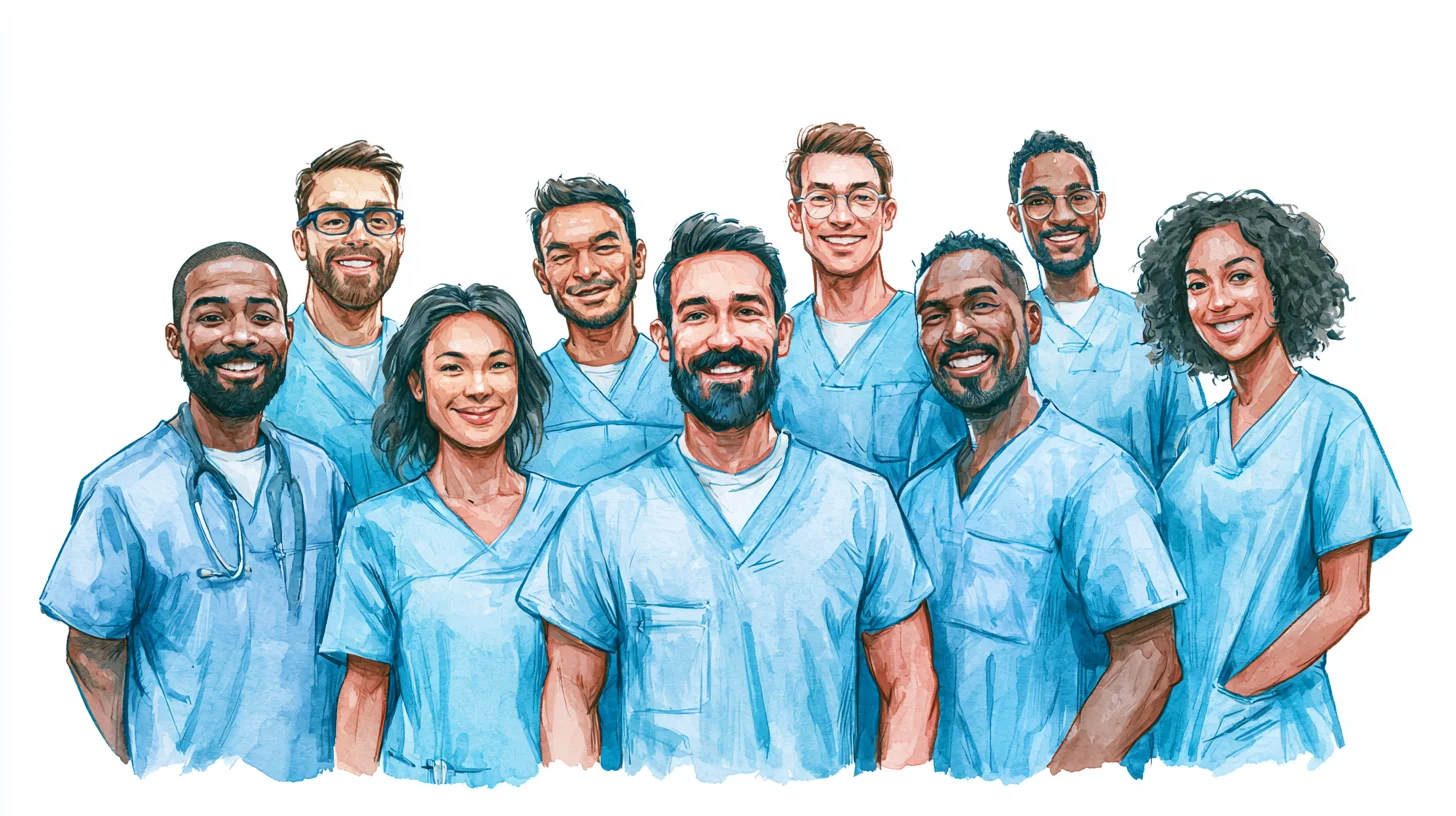 Illustrated team of nurses and clinical staff in blue medical scrubs — medical linen laundry service in Bell, CA