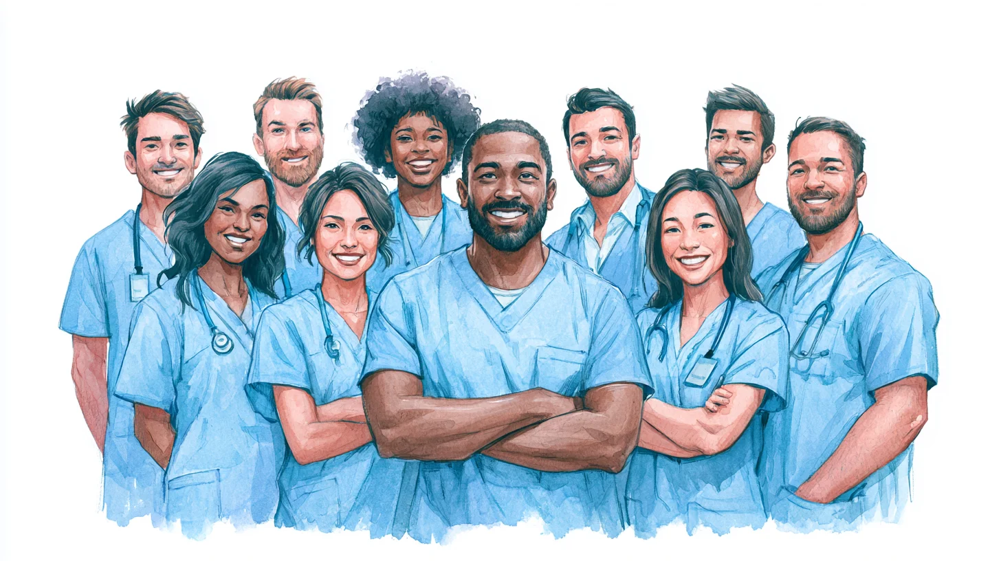 Illustrated team of healthcare workers in blue scrubs with stethoscopes — medical linen laundry service in Brea, CA